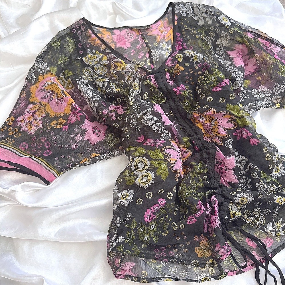 Lola P. Sheer Floral Drawstring Blouse Black Pink V-Neck Flutter Sleeve Top